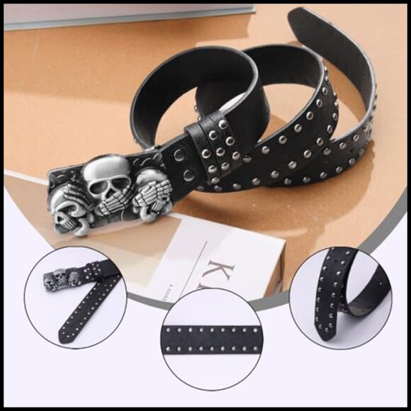 Skull Head Leather Buckle Belt Gothic Punk Waist Band Skeleton Metal Buckle - Picture 3 of 7
